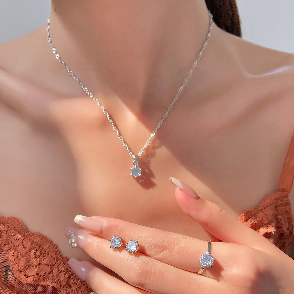 5Pcs Elegant Crystal Jewelry Set Zirconia Ring Necklace Bracelet Earrings Simple Set Jewelry Fashion Versatile Trendy Jewelry