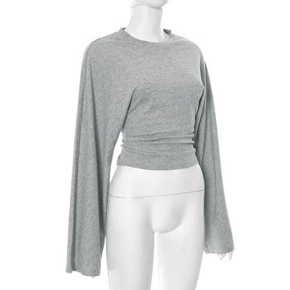 Women's Long Sleeve O-Neck Skinny T-Shirt Monochromatic Crop Top Casual Y2K Streetwear Fashion Pullover Summer Outfit