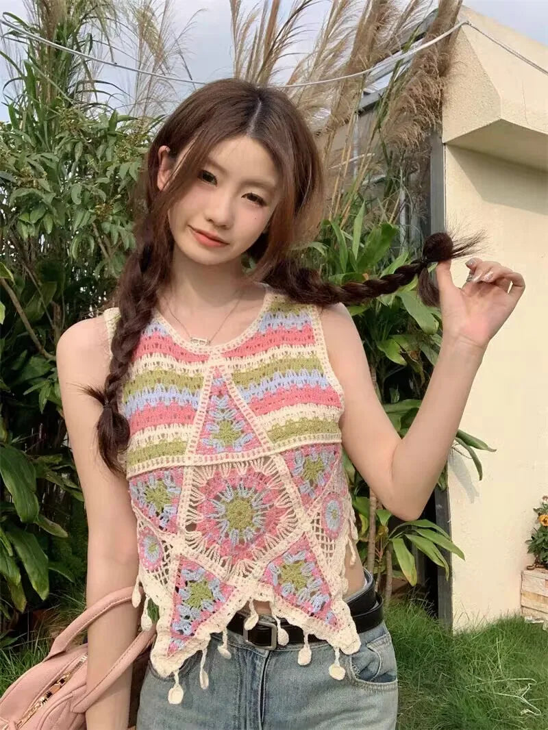 Bohemian Tank Tops Women Knitted Retro Crochet Design Colorful Short Vacation Strap Vest 2024 New Neck Hanging Outwear Tanks