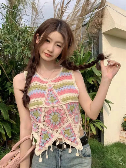 Bohemian Tank Tops Women Knitted Retro Crochet Design Colorful Short Vacation Strap Vest 2024 New Neck Hanging Outwear Tanks