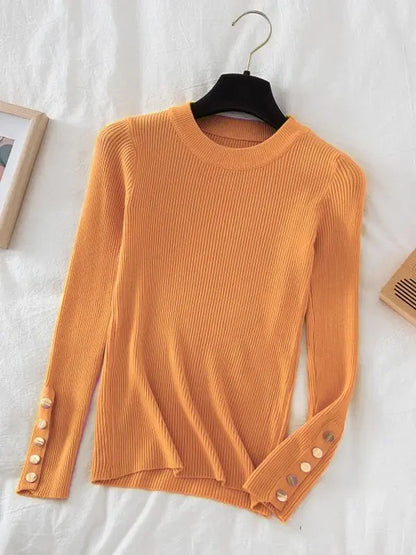 2026 women thick sweater pullovers khaki casual autumn winter button o-neck chic sweater female slim knit top soft jumper tops