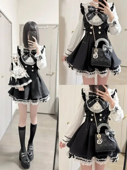 Japanese Y2 Aesthetics Vintage Bow Dress Shorts Set Women Gothic Lolita Style Long Sleeve Shirt Dress Elegant Party Dress Suits