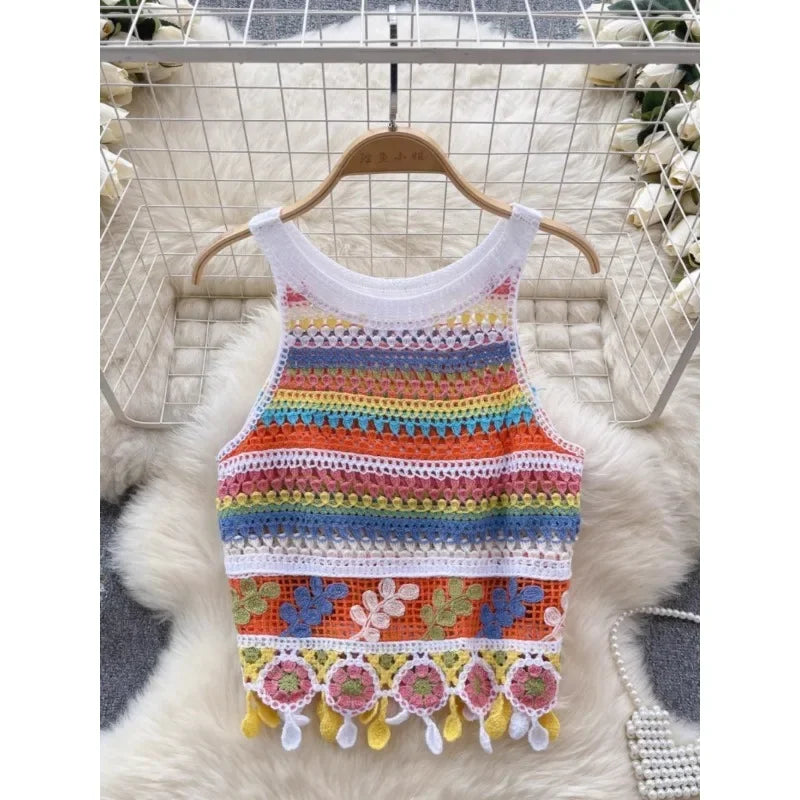 Bohemian Tank Tops Women Knitted Retro Crochet Design Colorful Short Vacation Strap Vest 2024 New Neck Hanging Outwear Tanks