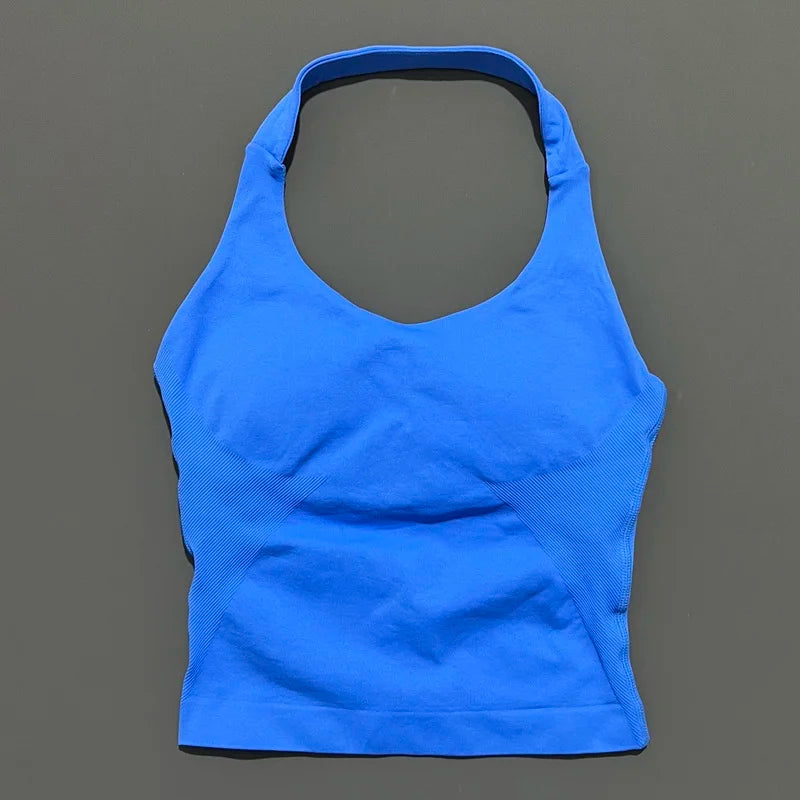 HISTELLO Impacts Halter Top Seamless Longline Strappy Gym Top Women Built-in Bra Removable Cups Activewear Yoga Tank Tops