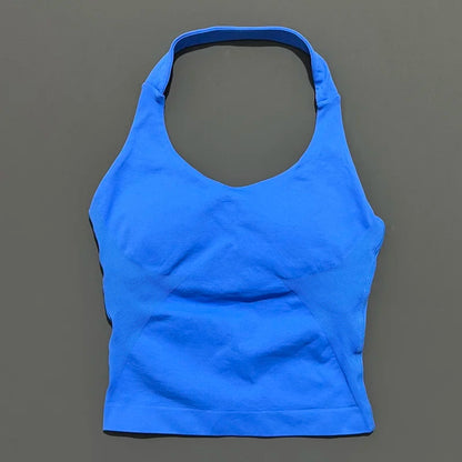 HISTELLO Impacts Halter Top Seamless Longline Strappy Gym Top Women Built-in Bra Removable Cups Activewear Yoga Tank Tops