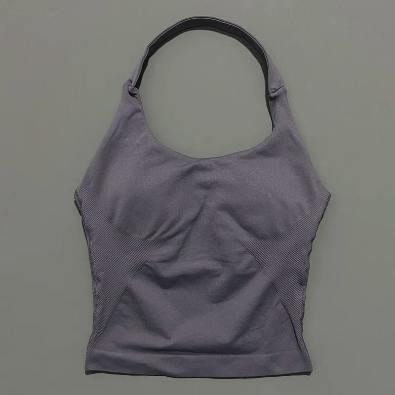 HISTELLO Impacts Halter Top Seamless Longline Strappy Gym Top Women Built-in Bra Removable Cups Activewear Yoga Tank Tops