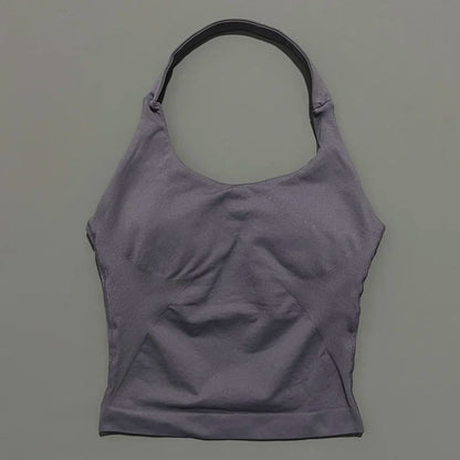 HISTELLO Impacts Halter Top Seamless Longline Strappy Gym Top Women Built-in Bra Removable Cups Activewear Yoga Tank Tops