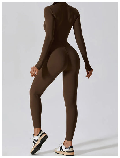 Yoga Boilersuit Long Sleeved Women's Sportswear Gym Zipper Jumpsuits Workout High-intensity Fitness One-piece Skin-tight Garment