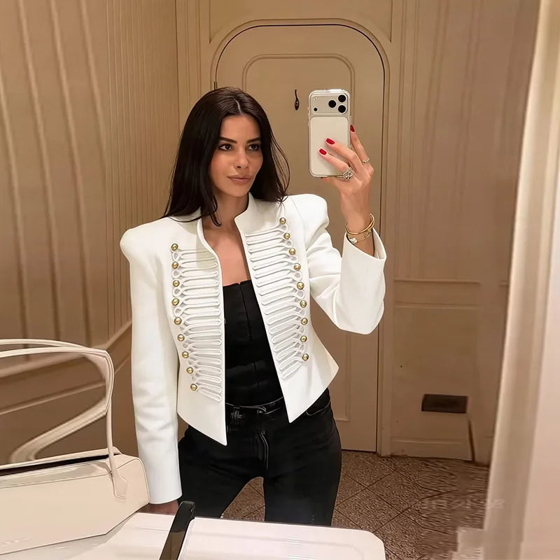 Elegant Women's Cropped Black Napoleon Jacket Shoulder Pads Stand Collar Full Sleeve Jackets 2026 Spring Lady Chic Commute Coat