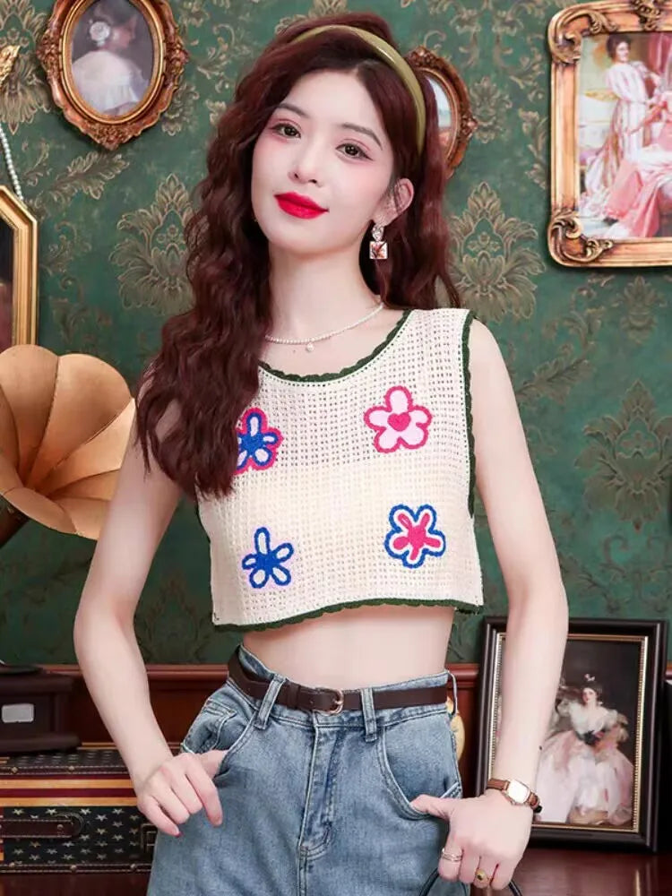 Bohemian Tank Tops Women Knitted Retro Crochet Design Colorful Short Vacation Strap Vest 2024 New Neck Hanging Outwear Tanks