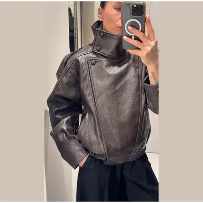 2026 Spring Women's Faux Leather Jacket Brown Black Long Sleeve Stand Collar Thick Loose Lady Coat Fashion Motorcycle Streetwear