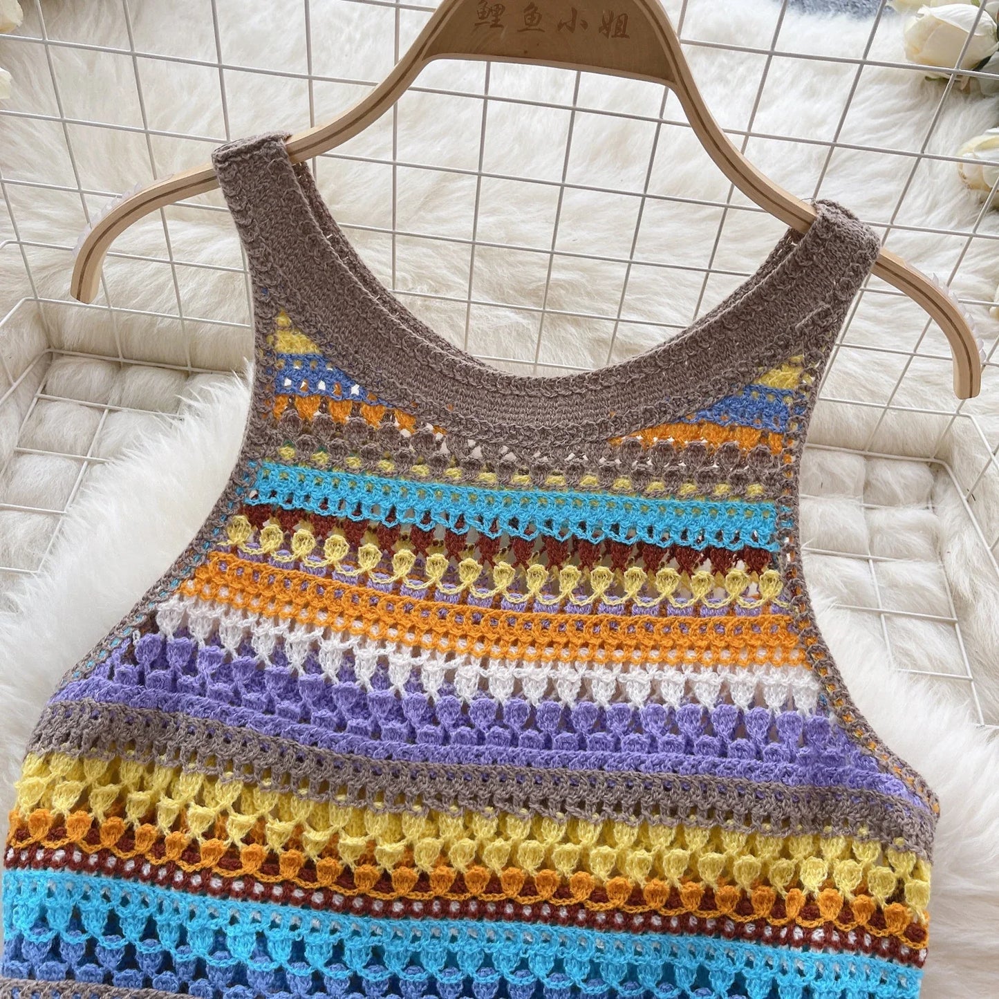 Bohemian Tank Tops Women Knitted Retro Crochet Design Colorful Short Vacation Strap Vest 2024 New Neck Hanging Outwear Tanks