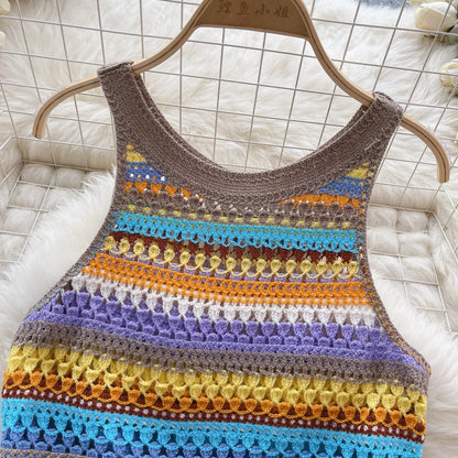 Bohemian Tank Tops Women Knitted Retro Crochet Design Colorful Short Vacation Strap Vest 2024 New Neck Hanging Outwear Tanks