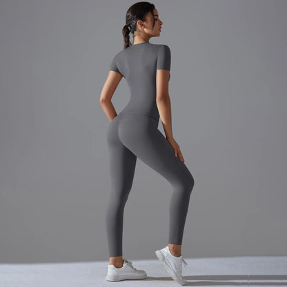 Yoga Set Women Workout Set Sportswear Gym Clothing Fitness Shorts Sleeve Crop Top High Waist Leggings Sports Suits