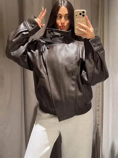 2026 Spring Women's Faux Leather Jacket Brown Black Long Sleeve Stand Collar Thick Loose Lady Coat Fashion Motorcycle Streetwear