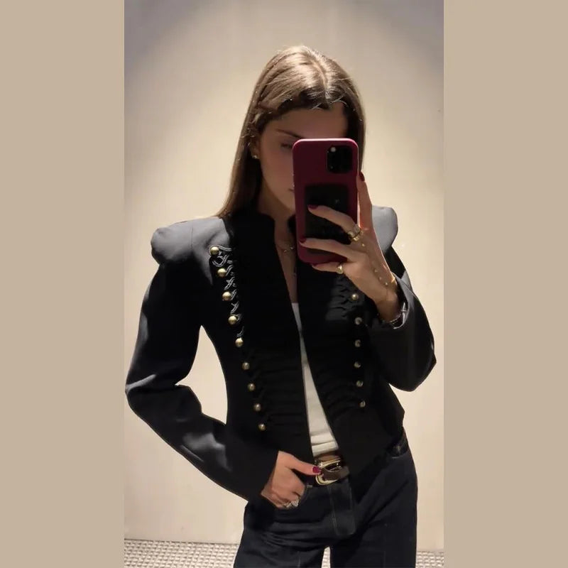 Elegant Women's Cropped Black Napoleon Jacket Shoulder Pads Stand Collar Full Sleeve Jackets 2026 Spring Lady Chic Commute Coat