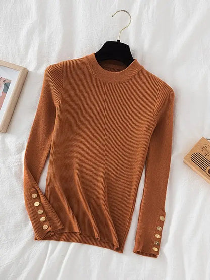 2026 women thick sweater pullovers khaki casual autumn winter button o-neck chic sweater female slim knit top soft jumper tops