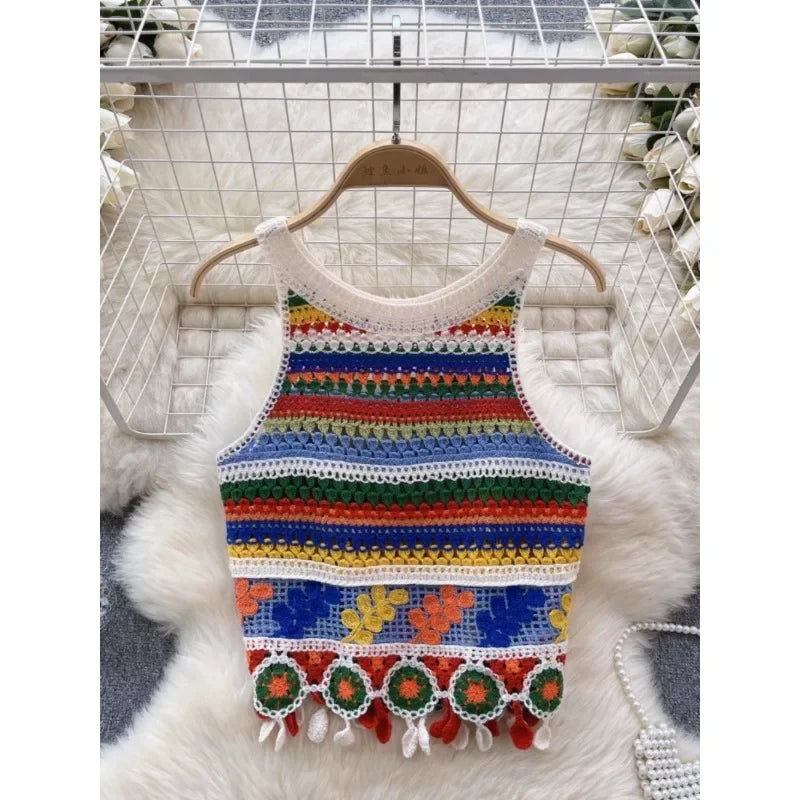 Bohemian Tank Tops Women Knitted Retro Crochet Design Colorful Short Vacation Strap Vest 2024 New Neck Hanging Outwear Tanks