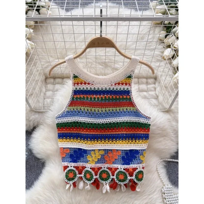 Bohemian Tank Tops Women Knitted Retro Crochet Design Colorful Short Vacation Strap Vest 2024 New Neck Hanging Outwear Tanks