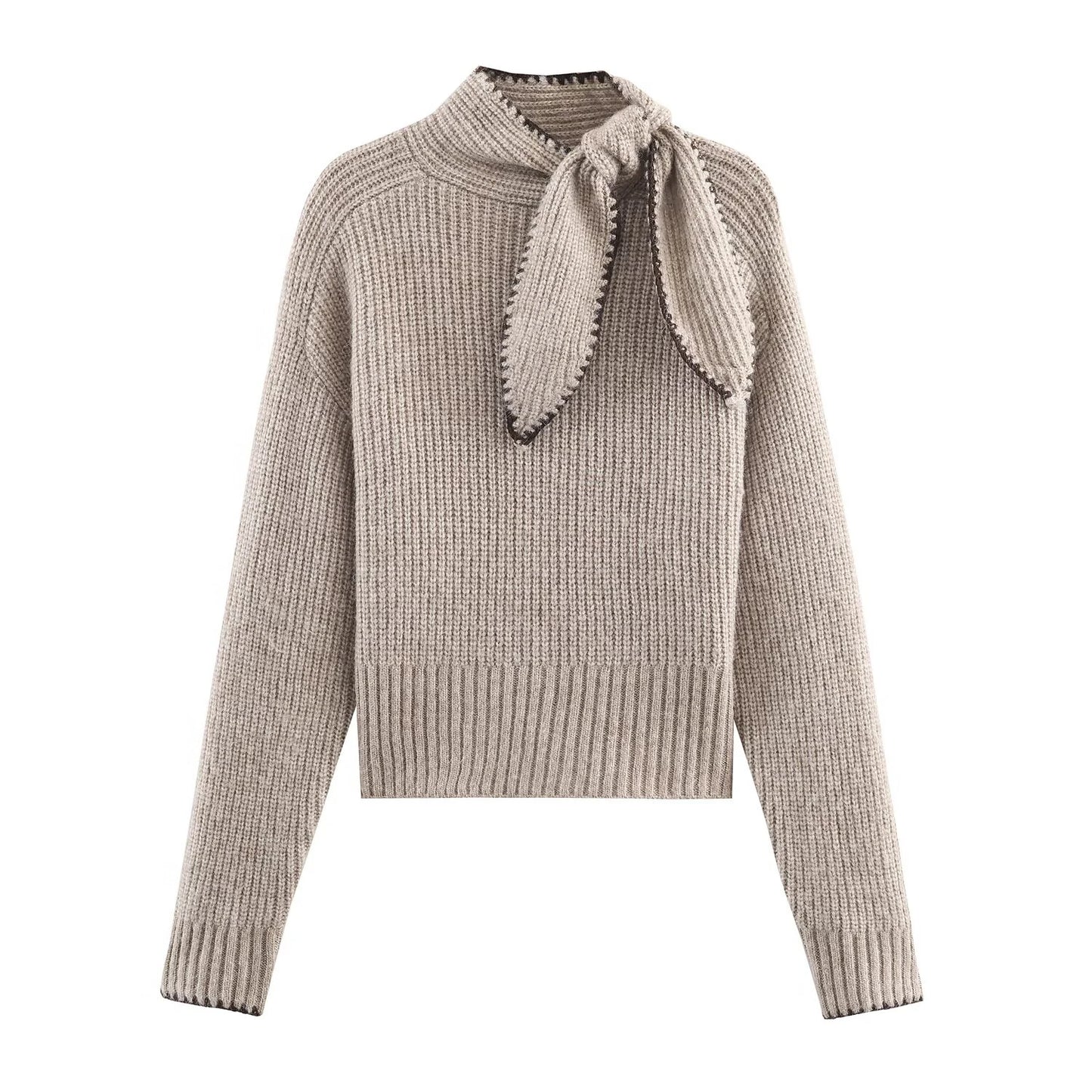 2025 Winter New Sweet and Fashionable Stand up Collar Long Sleeve Bow Decoration Knitted Sweater for Women