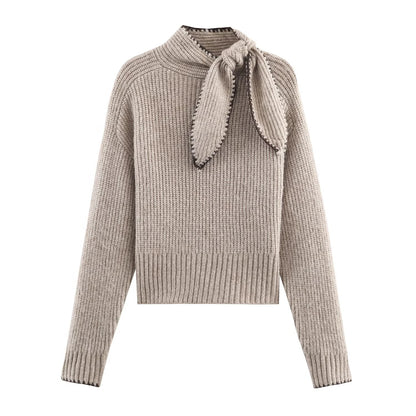 2025 Winter New Sweet and Fashionable Stand up Collar Long Sleeve Bow Decoration Knitted Sweater for Women