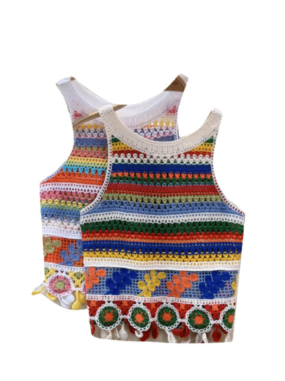 Bohemian Tank Tops Women Knitted Retro Crochet Design Colorful Short Vacation Strap Vest 2024 New Neck Hanging Outwear Tanks