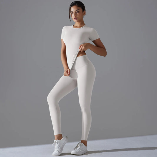 Yoga Set Women Workout Set Sportswear Gym Clothing Fitness Shorts Sleeve Crop Top High Waist Leggings Sports Suits