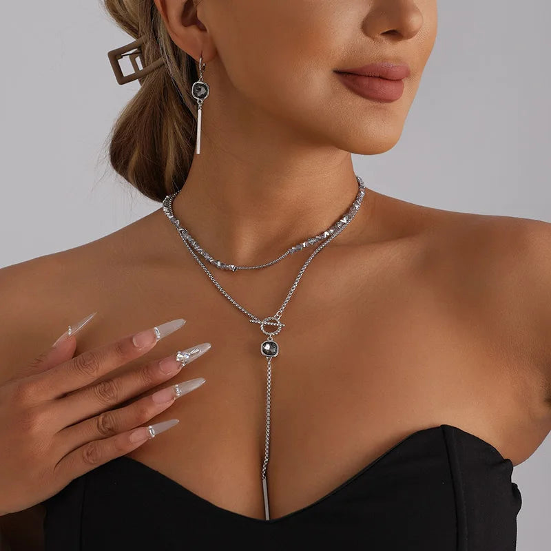 Women's Gray Glass Jewelry Long Tassel Layered Bracelet Drop Earrings Fashion Accessories Trendy Daily Party Wear Gift