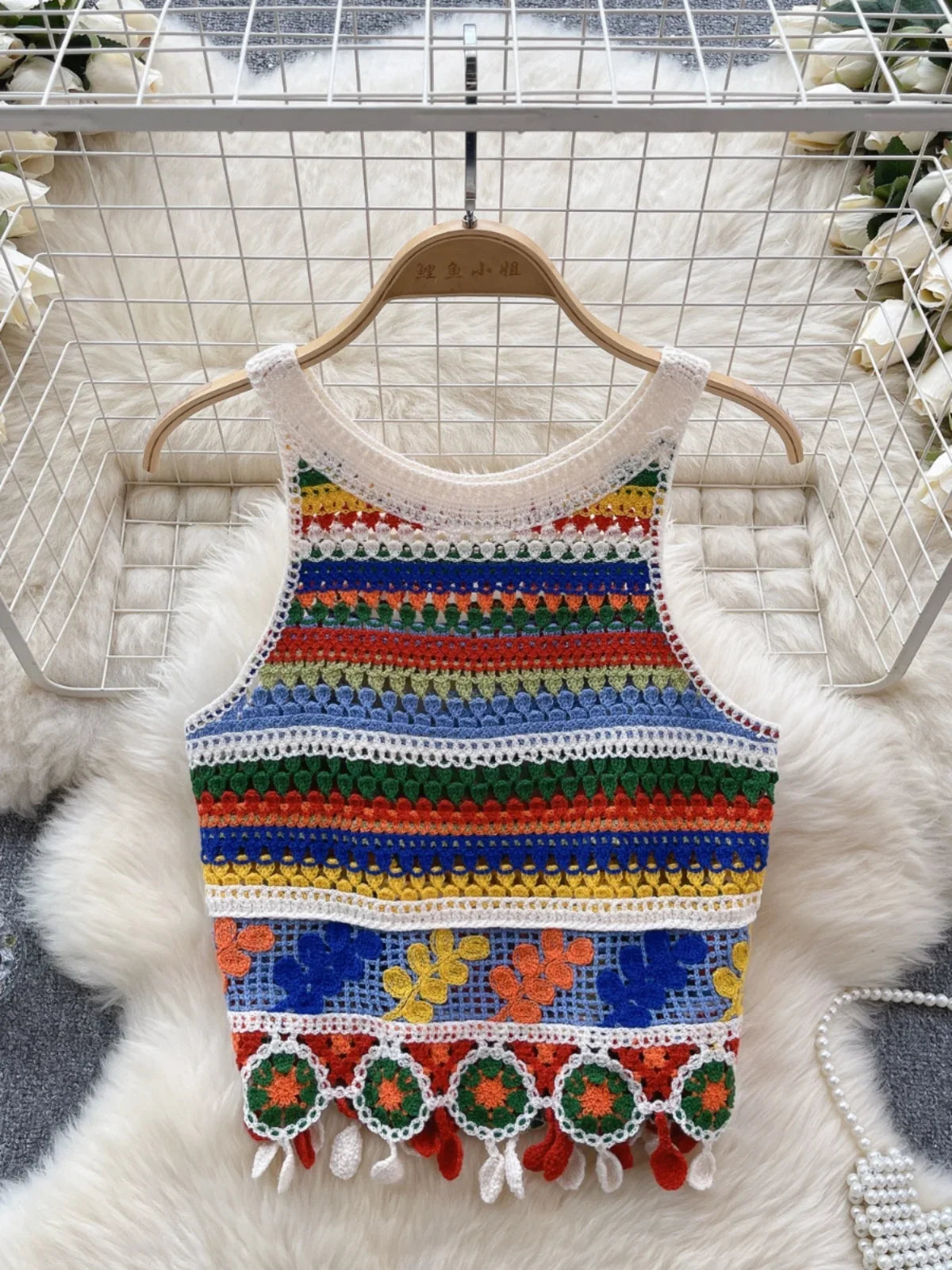 Bohemian Tank Tops Women Knitted Retro Crochet Design Colorful Short Vacation Strap Vest 2024 New Neck Hanging Outwear Tanks