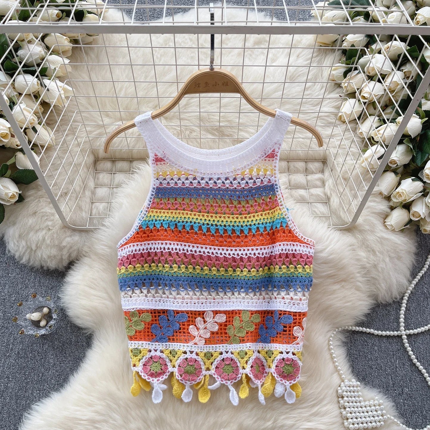 Bohemian Tank Tops Women Knitted Retro Crochet Design Colorful Short Vacation Strap Vest 2024 New Neck Hanging Outwear Tanks