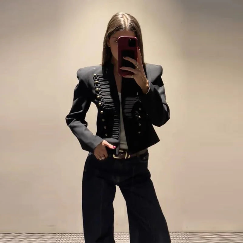 Elegant Women's Cropped Black Napoleon Jacket Shoulder Pads Stand Collar Full Sleeve Jackets 2026 Spring Lady Chic Commute Coat
