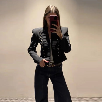 Elegant Women's Cropped Black Napoleon Jacket Shoulder Pads Stand Collar Full Sleeve Jackets 2026 Spring Lady Chic Commute Coat