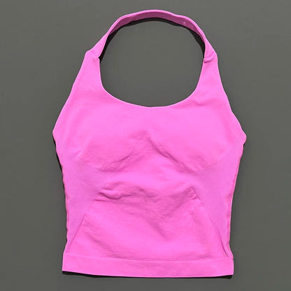 HISTELLO Impacts Halter Top Seamless Longline Strappy Gym Top Women Built-in Bra Removable Cups Activewear Yoga Tank Tops