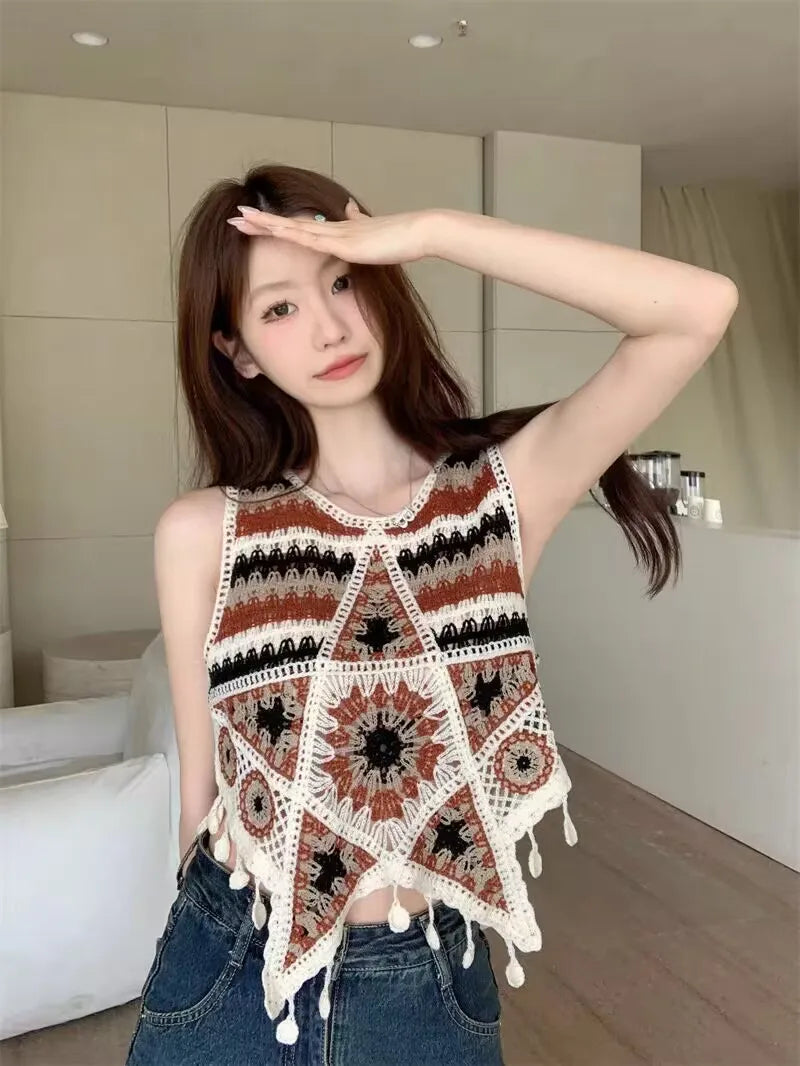 Bohemian Tank Tops Women Knitted Retro Crochet Design Colorful Short Vacation Strap Vest 2024 New Neck Hanging Outwear Tanks