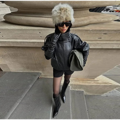 2026 Spring Women's Faux Leather Jacket Brown Black Long Sleeve Stand Collar Thick Loose Lady Coat Fashion Motorcycle Streetwear
