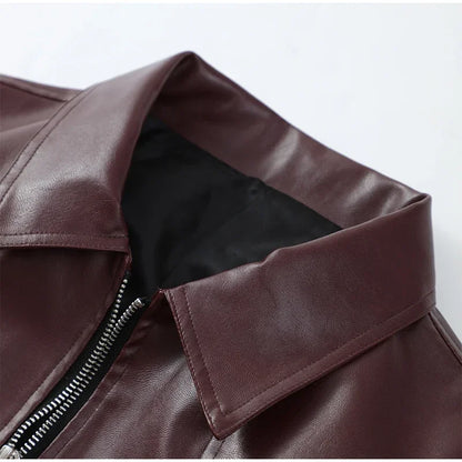 Vintage Wine Red Loose Short Leather Jacket Women Fashion Lapel Long Sleeves Zipper Cropped Coat 2025 Autumn Lady Street Outwear
