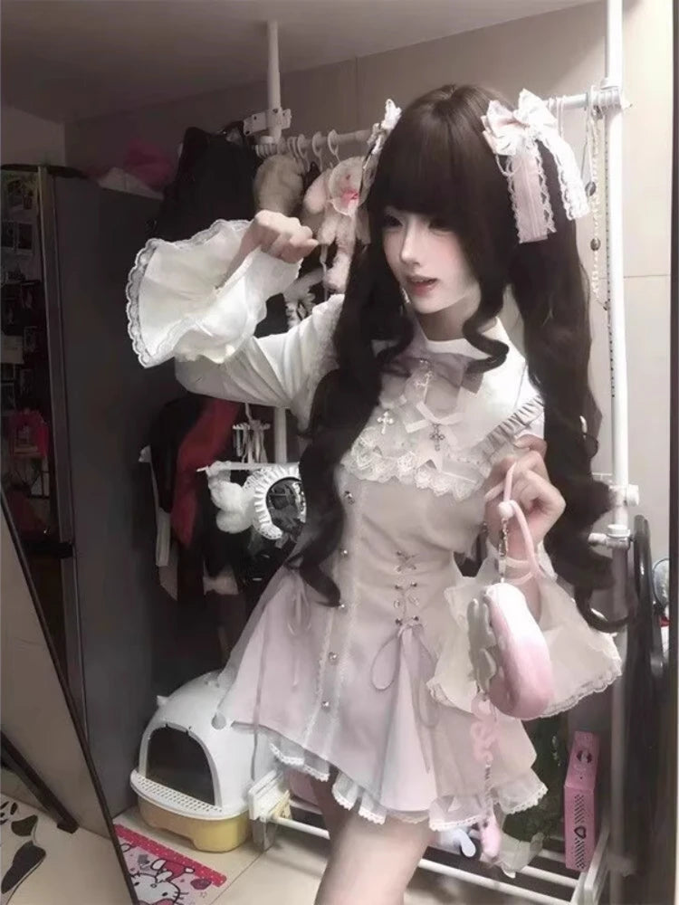 Japanese Y2 Aesthetics Vintage Bow Dress Shorts Set Women Gothic Lolita Style Long Sleeve Shirt Dress Elegant Party Dress Suits