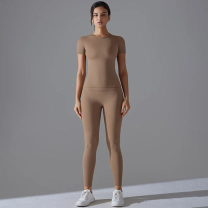 Yoga Set Women Workout Set Sportswear Gym Clothing Fitness Shorts Sleeve Crop Top High Waist Leggings Sports Suits