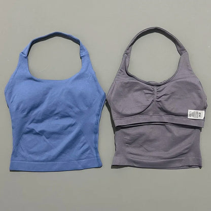 HISTELLO Impacts Halter Top Seamless Longline Strappy Gym Top Women Built-in Bra Removable Cups Activewear Yoga Tank Tops