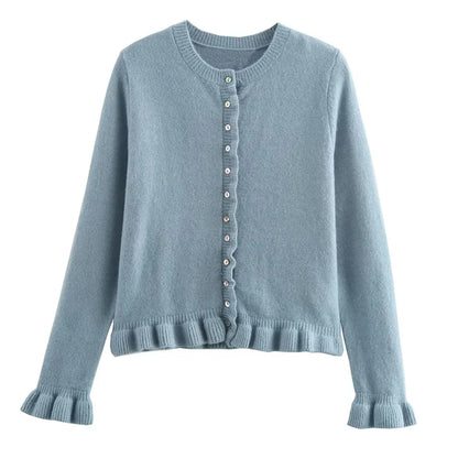 HXAO Sweater Cardigans Ruffle Long Sleeve Knitted Cardigan For Women Autumn Bolero Knitwears Button-Down Bluey Gray Cardigan