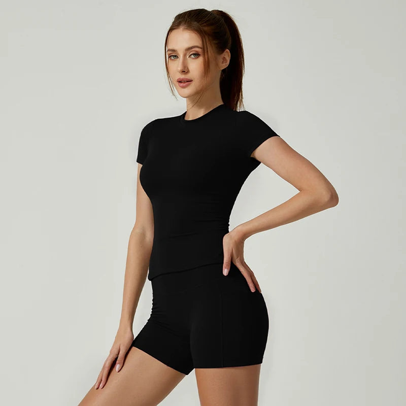 Sports Sets Fitness Hip-lifting Tight Top Short Sleeve Running Workout Gym Shorts Tracksuits For Women Breathable Sports Suits