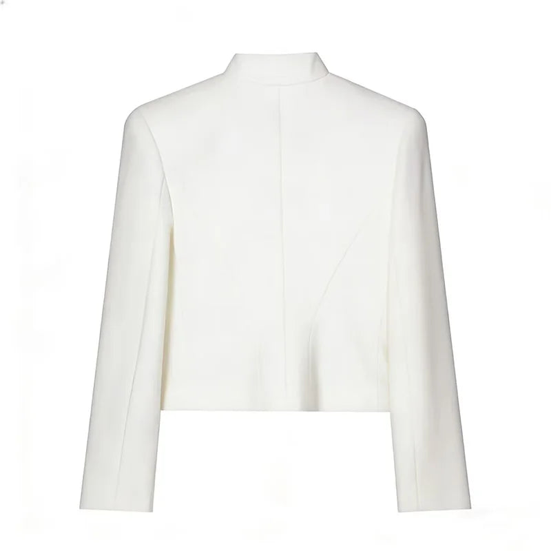 Elegant Women's Cropped Black Napoleon Jacket Shoulder Pads Stand Collar Full Sleeve Jackets 2026 Spring Lady Chic Commute Coat