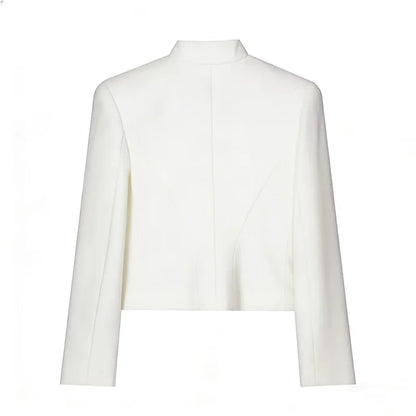 Elegant Women's Cropped Black Napoleon Jacket Shoulder Pads Stand Collar Full Sleeve Jackets 2026 Spring Lady Chic Commute Coat