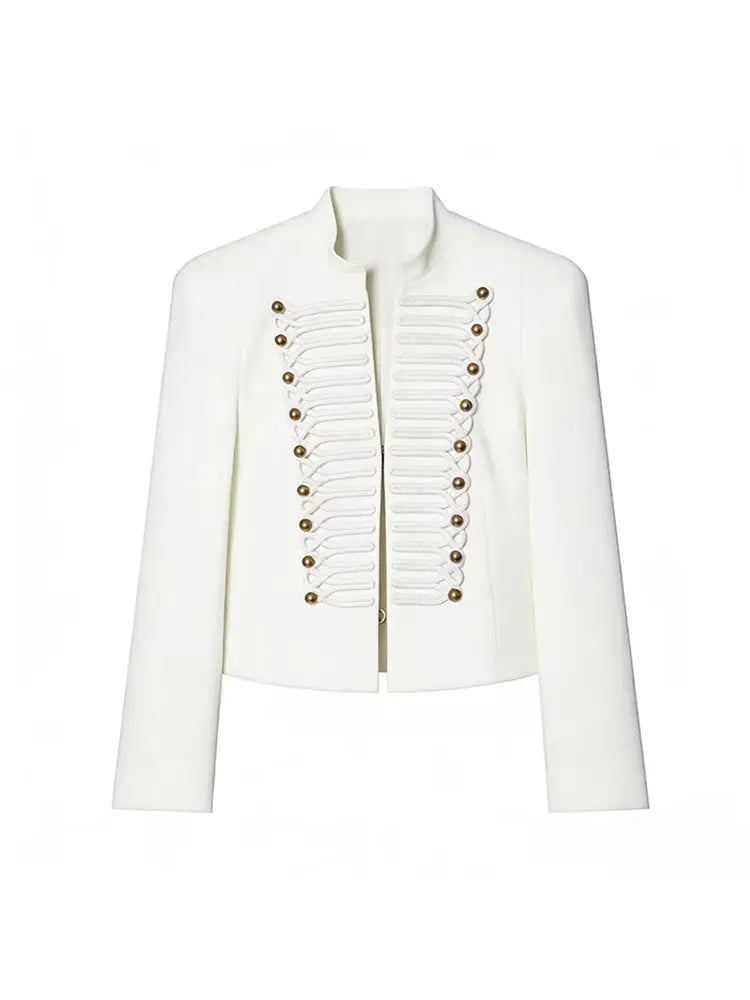 Elegant Women's Cropped Black Napoleon Jacket Shoulder Pads Stand Collar Full Sleeve Jackets 2026 Spring Lady Chic Commute Coat