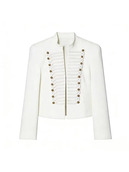Elegant Women's Cropped Black Napoleon Jacket Shoulder Pads Stand Collar Full Sleeve Jackets 2026 Spring Lady Chic Commute Coat
