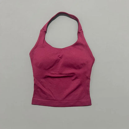 HISTELLO Impacts Halter Top Seamless Longline Strappy Gym Top Women Built-in Bra Removable Cups Activewear Yoga Tank Tops