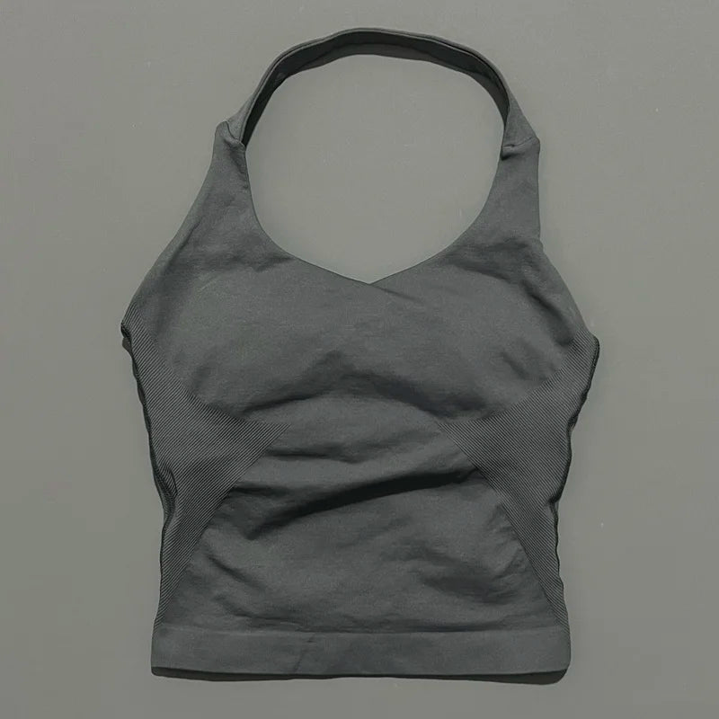 HISTELLO Impacts Halter Top Seamless Longline Strappy Gym Top Women Built-in Bra Removable Cups Activewear Yoga Tank Tops