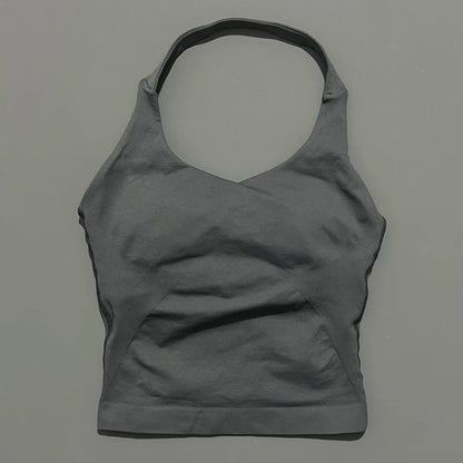 HISTELLO Impacts Halter Top Seamless Longline Strappy Gym Top Women Built-in Bra Removable Cups Activewear Yoga Tank Tops