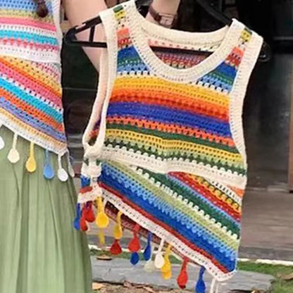 Bohemian Tank Tops Women Knitted Retro Crochet Design Colorful Short Vacation Strap Vest 2024 New Neck Hanging Outwear Tanks