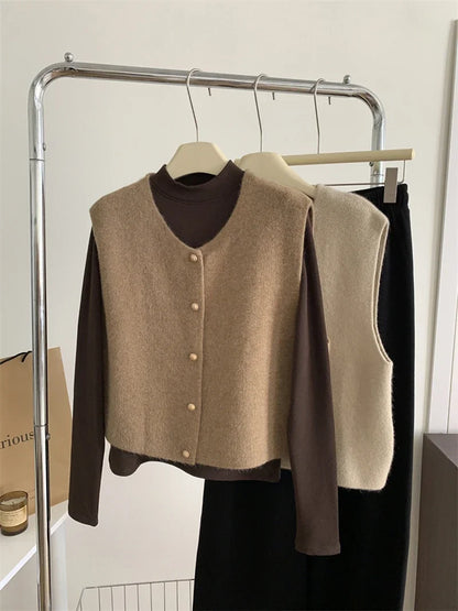 Women Sweater Vest Gold Button Up Waistcoat Soft Knitted Sleeveless Cardigan Jacket Top Fall Winter Korean Ladies Chic Outfit